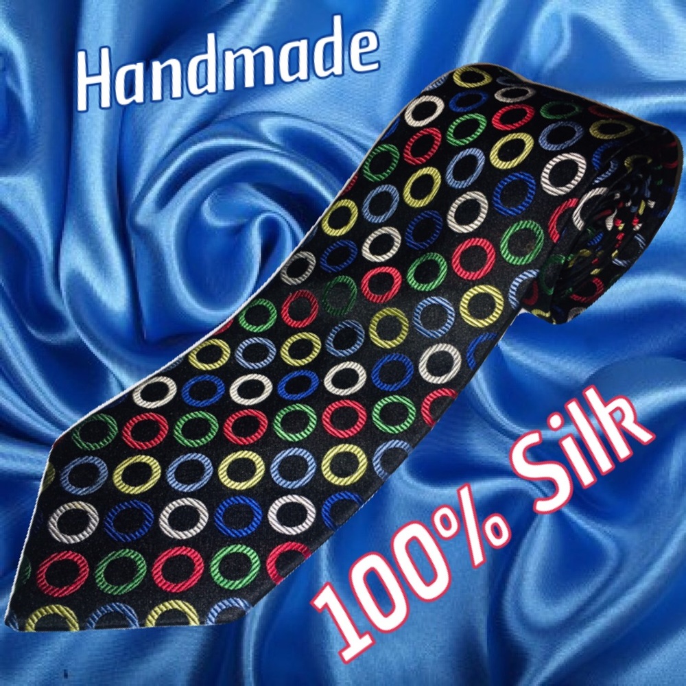 100% Silk Handmade Tie Black With Color Circles